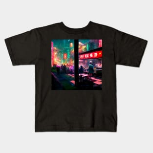 Busy Ramen Stall - Cyberpunk Cityscape Kids T-Shirt